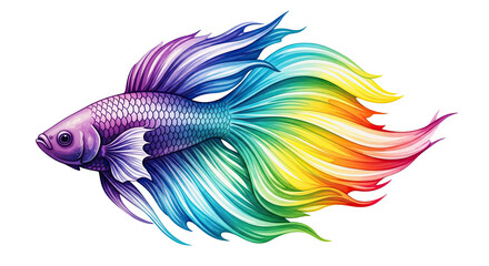 A colorful betta fish with flowing tail and fins on a black background in watercolor style art