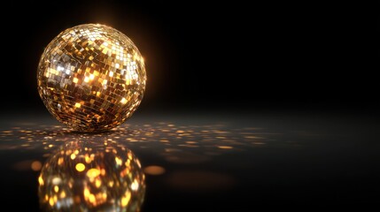 Golden disco ball on dark surface