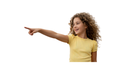 Happy Little Girl Pointing with Finger, Excited Expression, Curly Hair