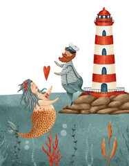 A beautiful tale of a mermaid and sailor discovering love romantically near a lighthouse