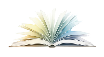 Open book with white pages fanned out against a black background with soft yellow and blue light