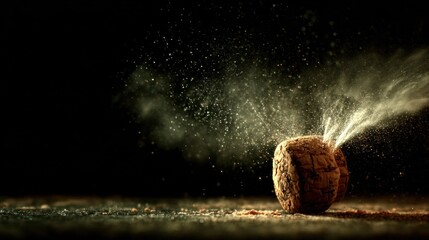 Cork popping, explosion of dust and droplets