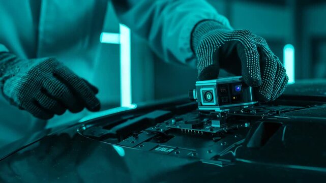 Technician in protective gloves calibrating a LiDAR sensor for an autonomous self driving car in a dark, high-tech environment