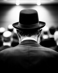 A rabbi leading prayers in a synagogue, the congregation listening intently