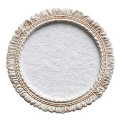 Ornate round white frame on white background classic vintage cutout and an empty space like blank stamp