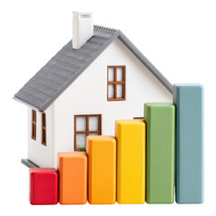 Property loan builds home equity through amortization. model house with rising chart symbolizes successful investment