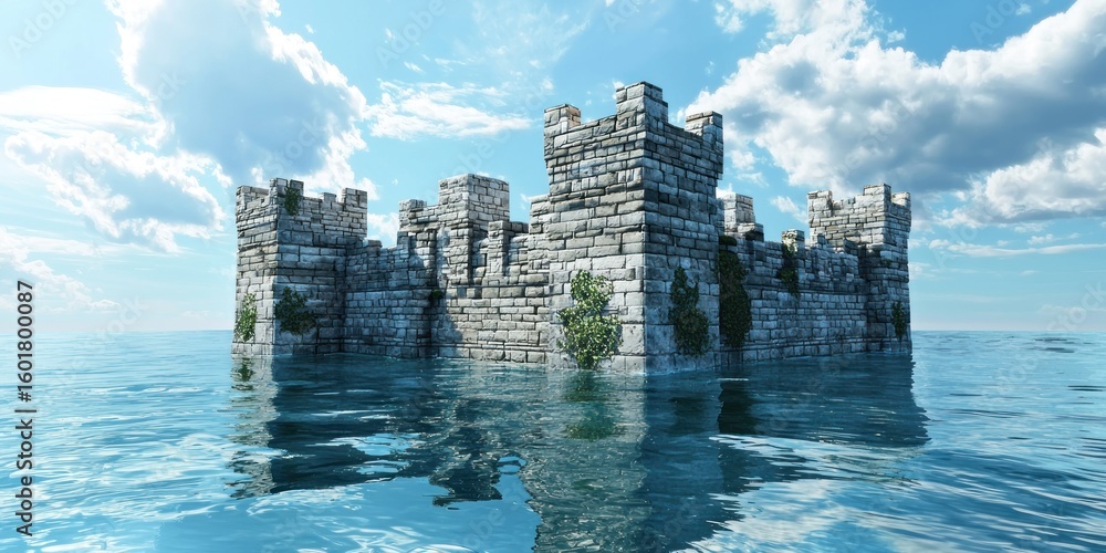 Poster a floating fortress with a blend of stone walls and advanced technology