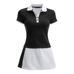 Woman black and white polo sport dress uniform for tennis. Elegant athletic activewear isolated on white background