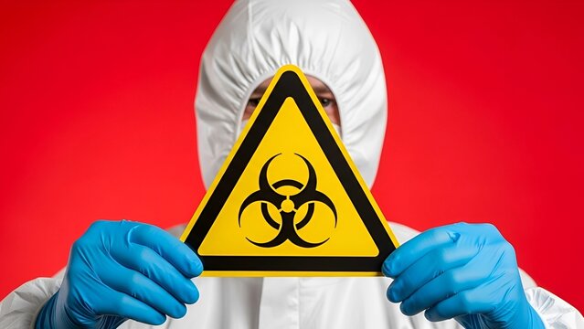 Medical worker in full personal protective equipment holding a biohazard sign, symbolizing a viral outbreak or toxic danger.