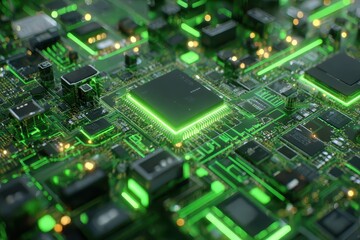 Fototapeta premium Close-up of circuit board with green glowing details