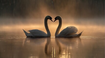 Swans in morning mist
