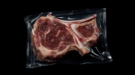 Cut of sheep, T-bone, meat packed in vacuum plastic packaging in black background.