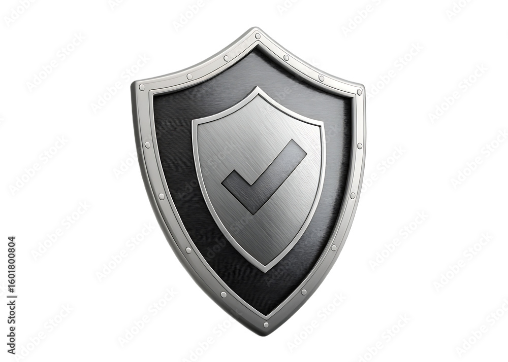 Poster a silver shield with a checkmark in the center on a black background for security and protection