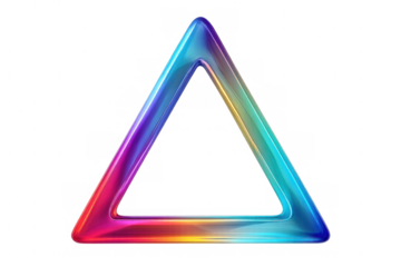Holographic triangular frame radiating rainbow hues, presenting sleek geometric design against transparent backdrop