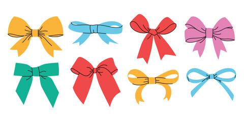 Colorful ribbon set, hand drawn bowknot, different shape, decoration, gift, present, vector illustration