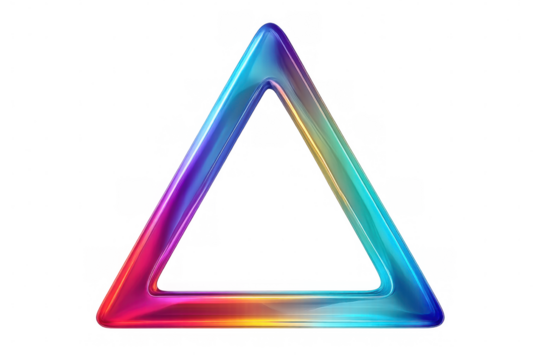 Holographic triangular frame radiating rainbow hues, presenting sleek geometric design against transparent backdrop