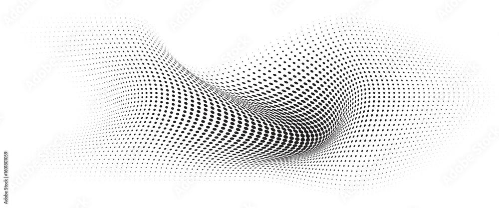 Poster flowing wave dot halftone pattern: curve gradient shape on transparent background. suitable for ai, 