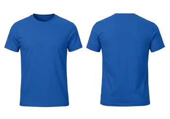 Two blue t-shirts, front and back views, displayed against a white background, showcasing apparel design.