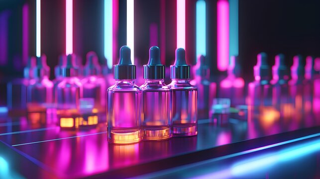 Neon Lit Cosmetic Serum Bottles: The scene pulses with a vibrant energy as bottles of cosmetic serum stand illuminated by radiant neon lights. Showcasing the future of beauty.