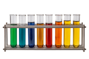 Chemistry experiment, science lab, colorful liquids.