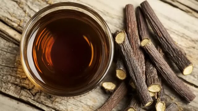 Dried licorice root and liquid extract on a wooden surface