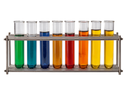 Chemistry experiment, science lab, colorful liquids.