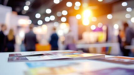 Exhibition with Brochure: A close-up perspective on a table adorned with brochures, leading the viewer's eye to a blurred backdrop of an exhibition hall, bustling with an assembly.