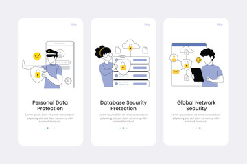 Vector web site linear art onboarding screens template. Internet cyber security, email scam. Virus protection, data encryption. Menu banners website mobile app development. Design flat illustration