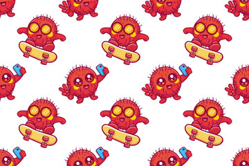 cheerful rambutan fruit character seamless pattern illustration background