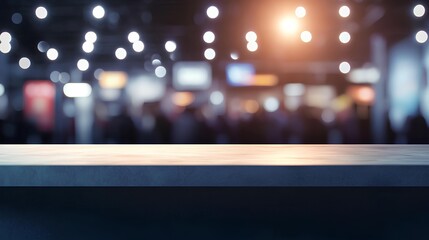 Empty Table in Business Event: A clear shot of empty table, perfect for business presentation, surrounded by soft, blurred lights. The image creates anticipation