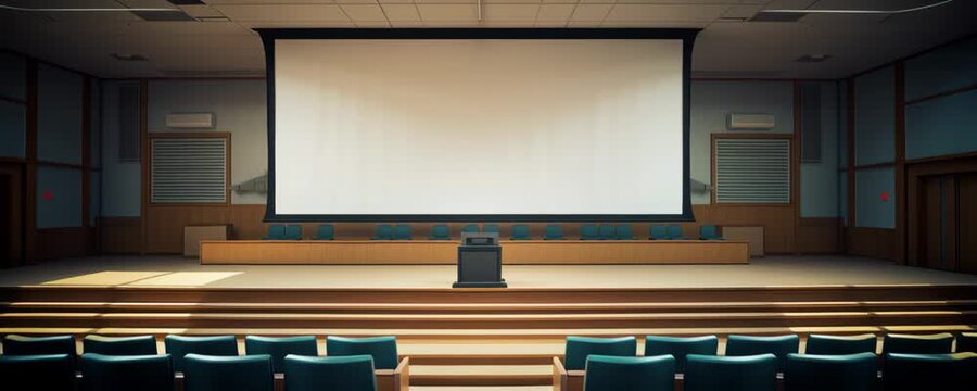 Large empty conference room with rows of chairs facing stage and blank projector screen ready for presentation or meeting in modern auditorium setting