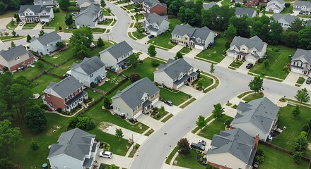 Aerial view of typical American new construction neighborhood street in Maryland for the upper middle class, single family homes USA real estate
