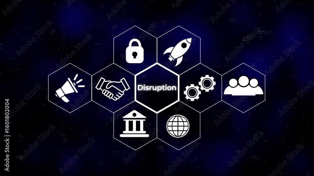 Poster disruption concept button on a futuristic computer screen hi tech motion graphic background, white f