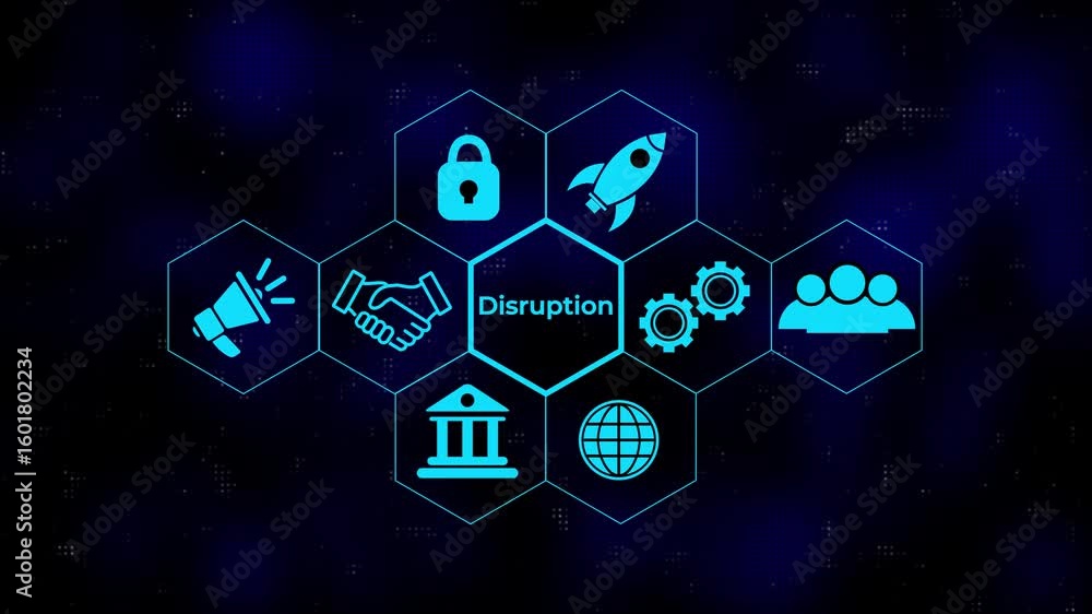 Poster disruption concept button on a futuristic computer screen hi tech motion graphic background, white f