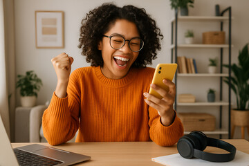 Excited woman celebrates online win on phone, feeling happy with good news at home office