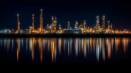 Fototapeta premium Nightfall Industrial Landscape: A mesmerizing panoramic view of an industrial complex at night, its towering structures and vibrant lights mirrored in the tranquil waters.