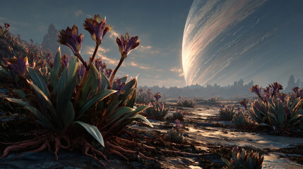 Extreme close-up of flattened alien plant life on a high-pressure alien world, hyperrealistic survival struggle in a hostile sci-fi environment