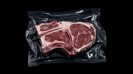 Cut of sheep, T-bone, meat packed in vacuum plastic packaging in black background.