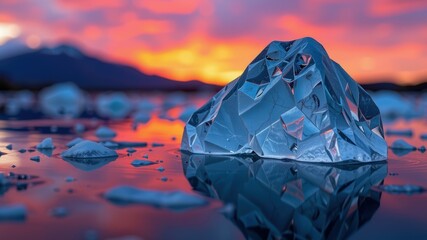 Stunning iceberg stands out in distance against vibrant sunset sky reflecting on calm water, creating serene atmosphere