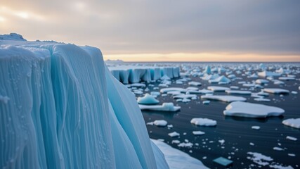 Majestic iceberg field in distance reflects serene beauty of nature under soft sunset sky, creating tranquil atmosphere