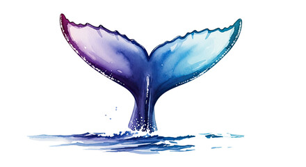 Watercolor painting of a whale tail emerging from the ocean with a black background and water splash
