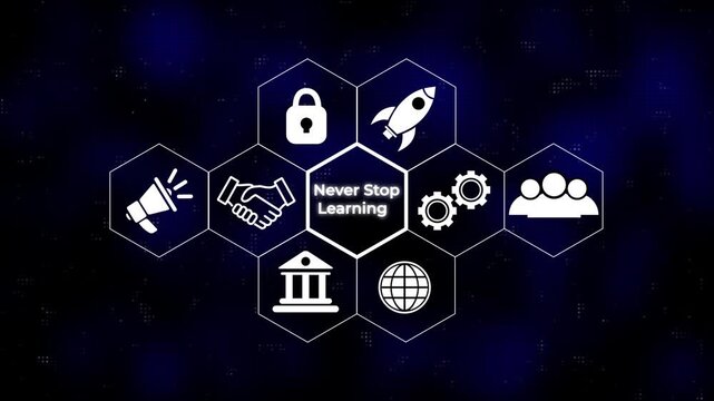 Never Stop Learning concept on a futuristic .Hi tech motion graphic background, white flickering dots on dark background. Business, technology and internet concept.