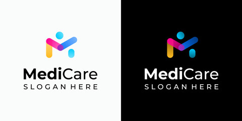 Vector logo design of the initial M in the shape of a person with a modern, simple, clean, and abstract style. Icon for business, medical, coaching, and personal branding.