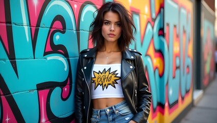 Naklejka premium young girl with graffiti, girl with graffiti, young woman with graffiti