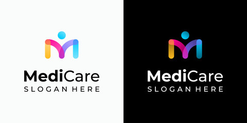 Vector logo design of the initial M in the shape of a person with a modern, simple, clean, and abstract style. Icon for business, medical, coaching, and personal branding.