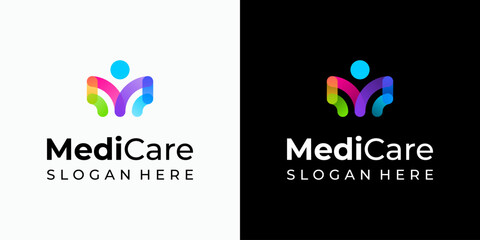 Vector logo design of the initial M in the shape of a person with a modern, simple, clean, and abstract style. Icon for business, medical, coaching, and personal branding.