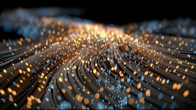 A close-up digital visualization of glowing fiber optic cables transmitting data as blue and orange light streams on a dark background.