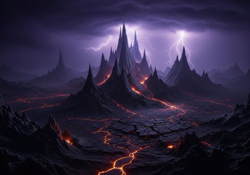 Dramatic Volcanic Landscape with Lightning