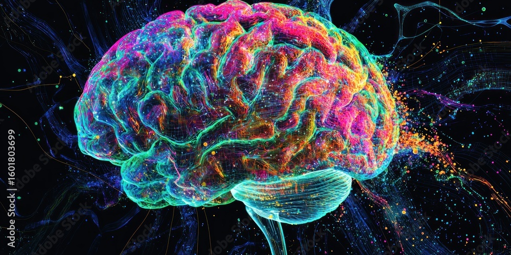 Poster 3d, head, futuristic brain scan revealing colorful and intricate thought structures