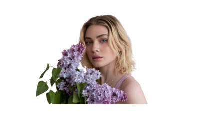 Beautiful Blonde Woman Holding a Bouquet of Lilacs